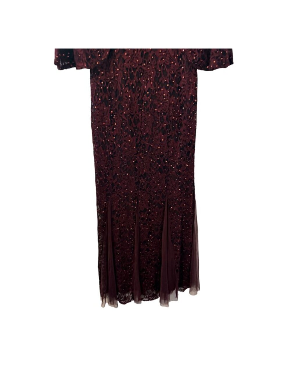 Candalite Burgundy Lace Formal Gown Sequins/ Matching Bolero Jacket Size L Set - Picture 12 of 12